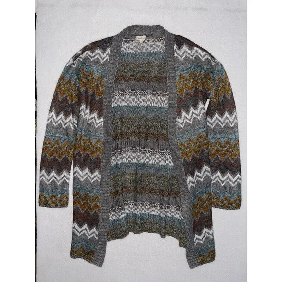 Hem and Thread‎ Chevron Stripe Weave Cardigan Gray Brown White Blue Sweater Sz S - Picture 1 of 3